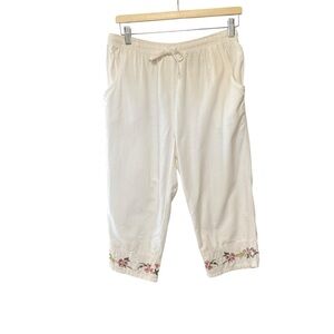 LEMON GRASS linen blend floral embroidered crop pant white SMALL